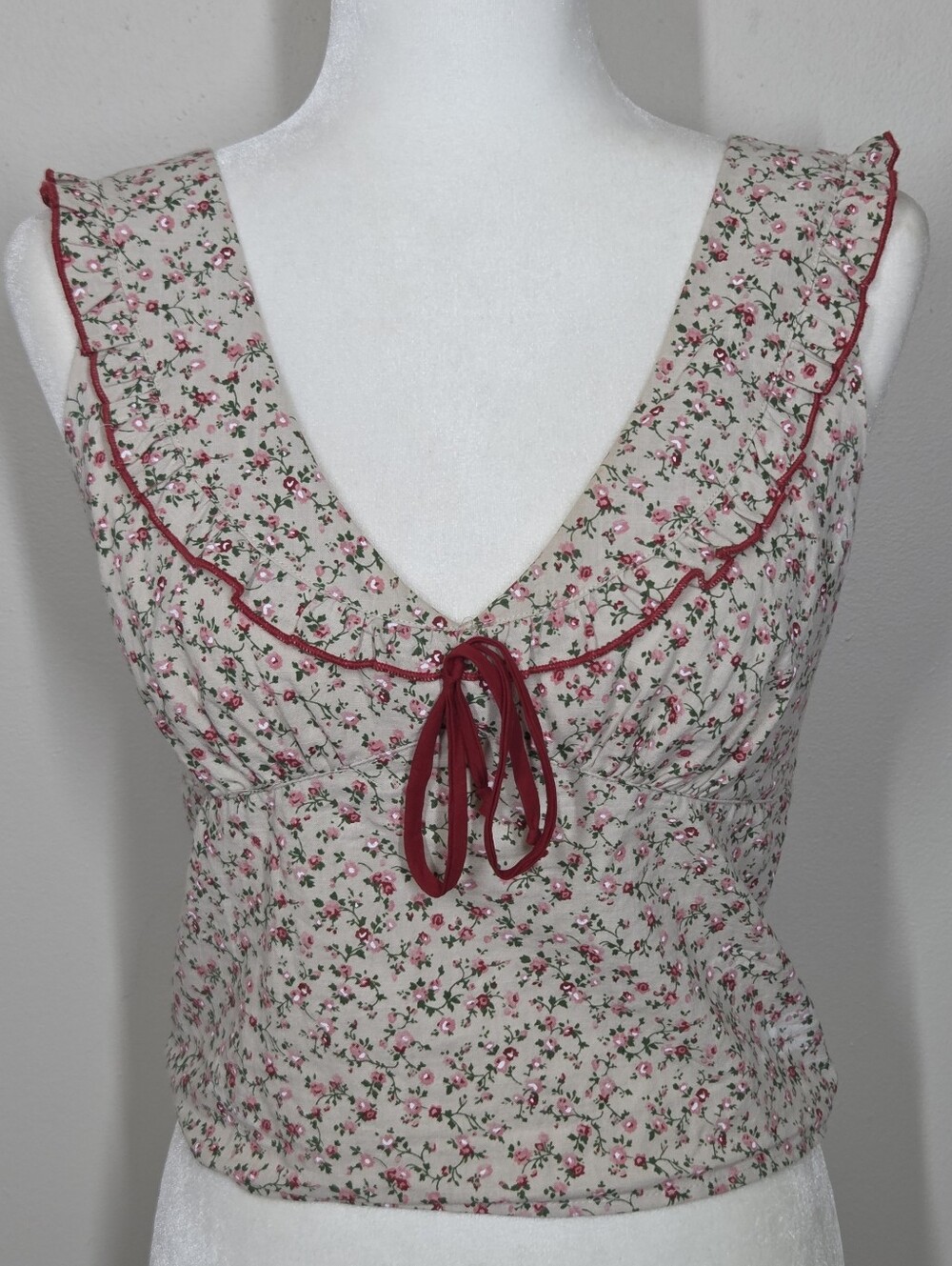 Thirty Thirty Ditsy Floral Milkmaid Crop Top Ruffle V-Neck L Romantic Fairy Boho